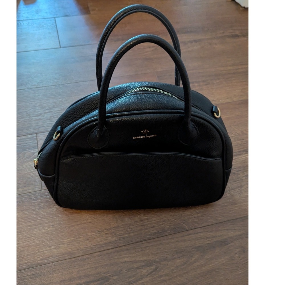 Nanette Lepore Black Pebbled Vegan Leather Dome Satchel Gold Hardware Handbag - Picture 2 of 8